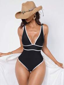 Shapewave Women's Plunging V-Neck One-Piece Swimsuit - Black and White - View 5