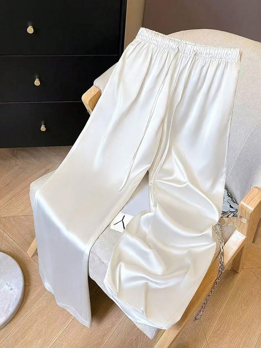 GlowEve Women's Solid Color Drawstring Waist Pleated Casual Versatile Wide Leg Pants For Daily Wear - White - View 1