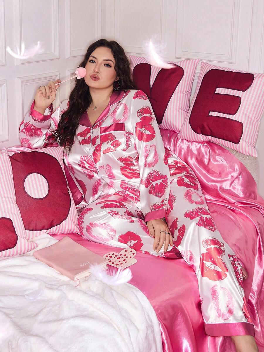 Slumberry CURVE Lip Print Colorblock Turndown Collar Long Sleeve Plus Size Pajama Set - Pink - View 1