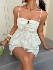 Muchica New Woven Yellow Striped Casual Vacation Suit For Women, Summer Outfit For Women, Beach Vacation Outfits For Women - Yellow - View 4