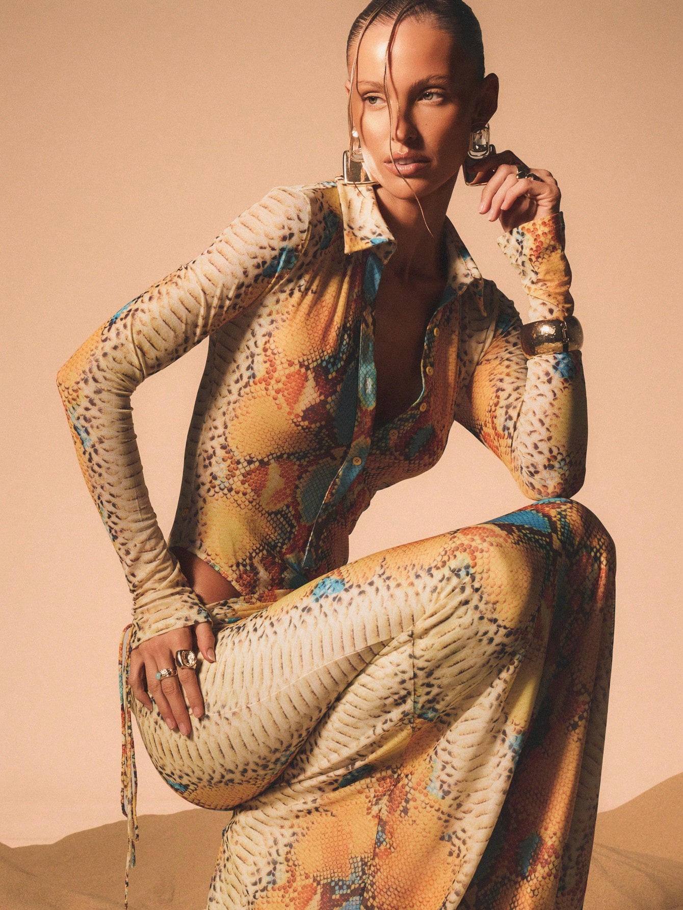 KIZN Snake Print Mesh Deep V Bodysuit