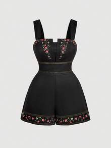 SHEIN MOD Bộ áo liền quần thêu hoa cỡ lớn dành cho nữ mùa hè, áo liền quần ngắn thêu hoa, áo liền quần ngắn thêu. - màu đen - Xem 1