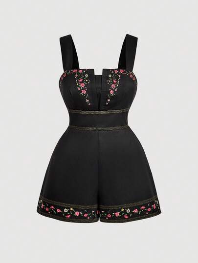 SHEIN MOD 大码女式夏季度假花卉刺绣连体裤，一体式连身裤，女士连体裤，女式连身裤，花卉刺绣短款连体裤，短款连身裤，刺绣连身裤