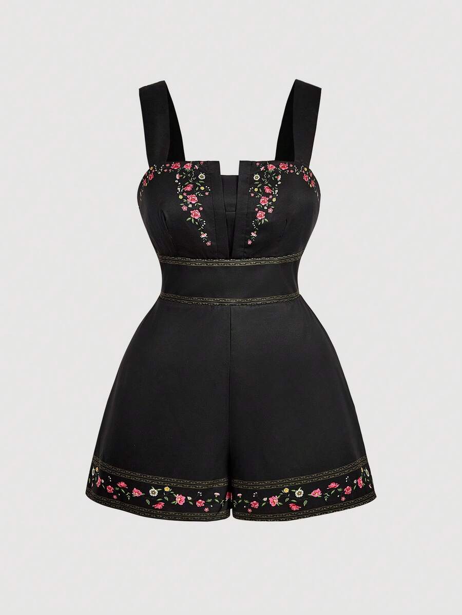 SHEIN MOD Bộ áo liền quần thêu hoa cỡ lớn dành cho nữ mùa hè, áo liền quần ngắn thêu hoa, áo liền quần ngắn thêu. - màu đen - Xem 1