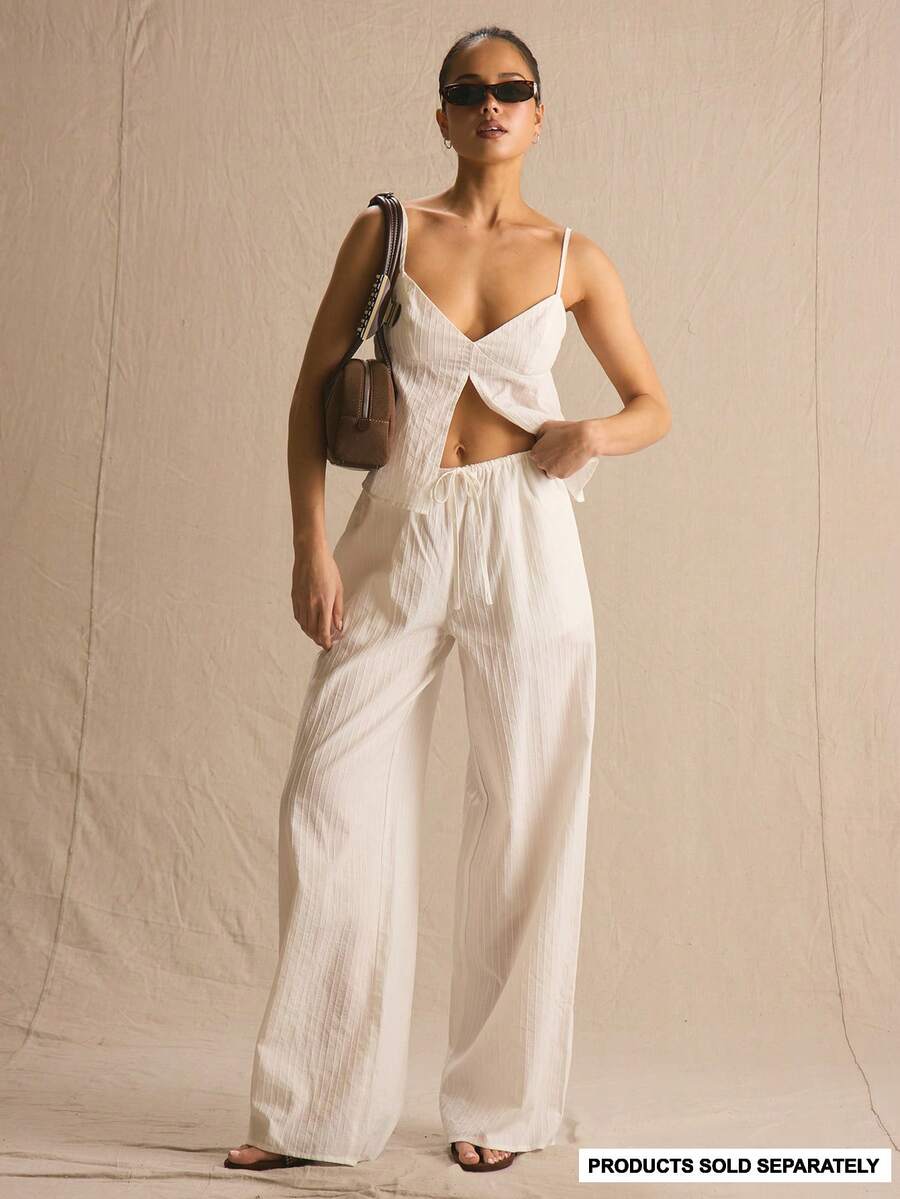 MUSERA Drawstring Textured Wide Leg Co-Ord Trousers Only Spring Summer Cosy Cute Daily Girly Vacation Sunlight Social - White - View 1
