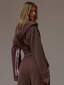 MUSERA Balloon Sleeve Contrast Pipping Cinched Waist Hooded Sweatshirt Casual, Airport, Loungewear, Back To School, Lounge Winter Spring Summer Vacation - Brown - View 4