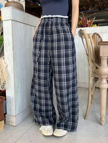 FRIFUL Women's Spring/Summer Plaid Waistband Contrast Lace Drawstring Loose Casual Versatile Pants - Multicolor - View 2