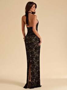 SHEIN BAE Đầm ren ôm sát màu đen gợi cảm cổ chữ V sâu, thanh lịch cho tiệc bãi biển, hẹn hò, đầm ren. - màu đen - Xem 2
