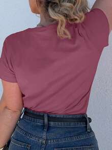 Jeta Ari Solid Color Embroidered Heart Short Sleeve T-Shirt Summer,Business Casual Women - Purple - View 8