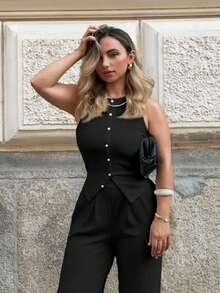 Jeta Ari Women's Elegant Commuter Style Solid Color Textured 2 Pieces Set -Sleeveless Round Neck Buttoned Fitted Camisole And High Waist Elastic Waist Loose Straight Leg Pants - Black - View 5