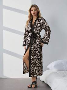 HautHeat Women's Comfortable Leopard Print Trim Loose Long Sleeve Robe - Coffee Brown - View 4