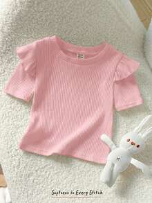 Cozy Pixies Baby Girl Solid Color Soft Knit Ruffled Crew Neck Short Sleeve Pullover Top,Kids - Pink - View 5