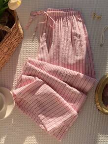 Comfortcana Women's Summer Vacation Striped Drawstring Waist Pants - Red - View 3