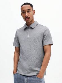 SUMWON 男士灰色纹理短袖 Polo 衫，四分之一拉链领，经典休闲夏季高尔夫服饰 - 灰色 - 查看 1
