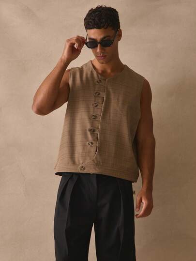 Musero All Over Checkered Sleevless Vest Style Button Through Tank Top Spring Summer Essentials