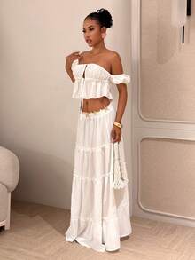 Slaydiva 春夏度假海滩法式甜美可爱约会套装 - 露肩荷叶边上衣和系腰荷叶边长裙 - 白色女士度假套装 - A - 白色 - 查看 6