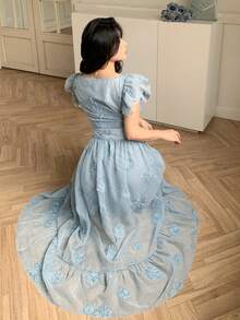 Vestido de tirantes, con volantes, estampado floral diminuto, con cuello de pico, estilo para ir al trabajo, vestido largo - Gris azul - Ver 5