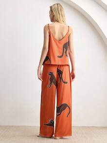 Ocili Bohemian Satin Leopard Animal Lace Minimalist Draped Neck 2-Piece Set, Spaghetti Strap Long Pants, Comfortable Women Sleepwear Pajama Set - Coral Orange - View 3