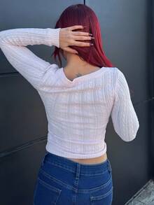 Bearsaez Nuevo suéter de cuello en V profundo, de manga larga, ajustado, de punto de cable vintage minimalista, una prenda exterior versátil para otoño/invierno - Rosa - Ver 2