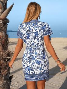 Swim Lushoire 女士度假休闲V领蝙蝠袖印花罩衫 - 藍白色 - 查看 2