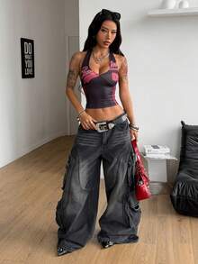 Coolane Women's Spring/Summer Y2K Streetwear Concert Rave Festival Going Out Rave Renaissance Fair Club Party Graphics Number Pattern Halter Backless Tank Tops - Black - View 4