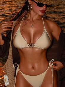 Swim SXY Women's 2-Piece Swimwear Set, Elegant Shiny Metallic Rhinestone Chain Bow-Tie Bikini In Beige,Summer Casual Beach Vacation Holiday Outfit,26SS - Champagne - View 3