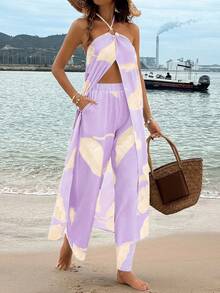 Breezaya Tropical Plant Print Halter Crop Top + Elastic Waist Straight Leg Pants 2 Pieces Set, Spring/Summer - Purple - View 5