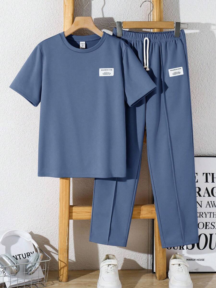 SHEIN 2-Pack Tween Boy Dusty Blue Summer Casual City Break Sports Set,Round Neck T-Shirt And Trousers Outfit For Kids,Back To School Birthday Clothes - Dusty Blue - View 1