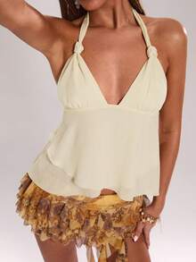 SHEIN BAE 纯色露背吊带不对称下摆雪纺上衣，适合休闲度假、海滩度假、与朋友聚会、沙滩休闲吊带上衣、浅黄色上衣、音乐节、Y2K风格 - 淡黃色 - 查看 3