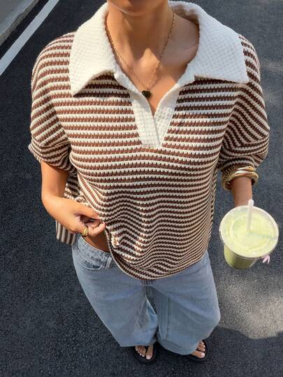 Muchica Summer Outfit For   Women's Loose Striped V-Neck Color-Blocked Striped Drop-Shoulder Short-Sleeved T-Shirt, Brown Striped Color-Blocked Apricot Polo Collar T-Shirt, Women's Casual Suit, Women's Casual Wear, Brown Top, Spring Women's Clothing Holiday Outfits For Women