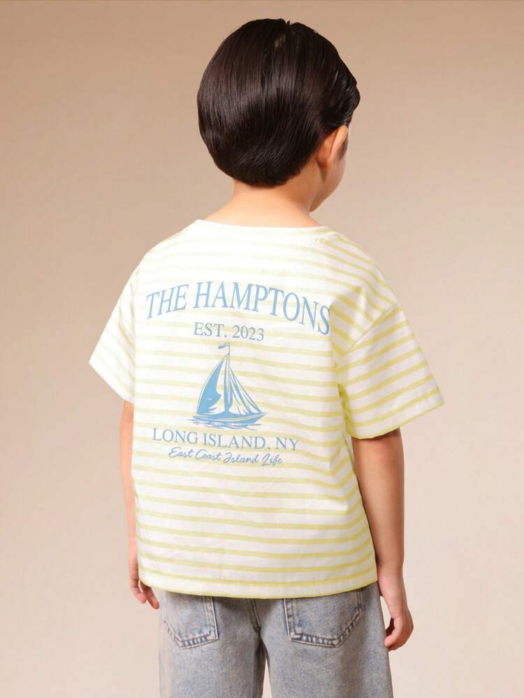 Boys Oversized Crew Neck Short Sleeve Striped T-Shirt With Hamptons Sailboat Graphic Print Summer Casual Cotton Tee