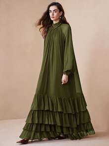 Arave 女士优雅宽松长款雪纺连衣裙，立领设计，层叠荷叶边下摆，适合约会穿着 - 軍綠色 - 查看 3