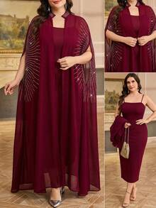 SHEIN Clasi Bộ 2 món thanh lịch dành cho nữ cỡ lớn, gồm áo choàng và váy lót tay cánh dơi đính đá. - Màu xanh hải quân - Xem 1