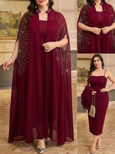 SHEIN Clasi مجموعة قطعتين من رداء وفستان نوم مزين بالراين ستون مع أكمام على شكل خفاش للنساء ذوات الحجم الكبير، أنيقة