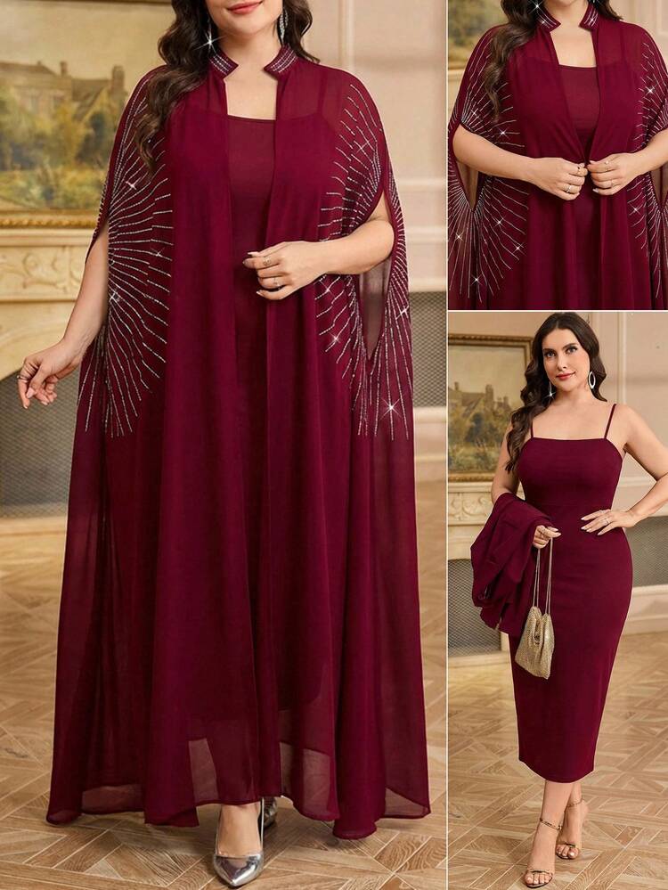 SHEIN Clasi مجموعة قطعتين من رداء وفستان نوم مزين بالراين ستون مع أكمام على شكل خفاش للنساء ذوات الحجم الكبير، أنيقة - أزرق بحري - مشاهدة 1