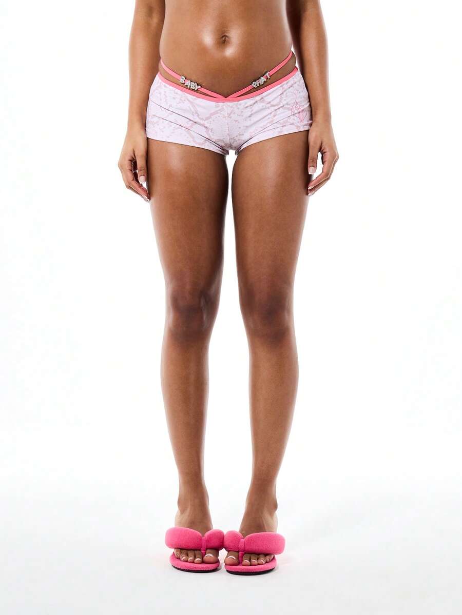 BABYPHAT 女士粉色蛇纹高腰比基尼短裤，撞色滚边细节，夏季泳装下装 - 粉色 - 查看 1