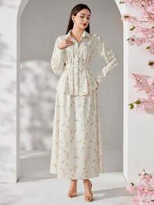 Veilorie Women's Elegant Commuter Ditsy Floral Shirt And Skirt 2 Pieces Set - Apricot - View 6