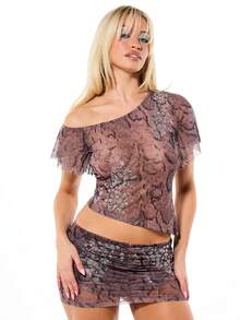 SUMWON WOMEN Women's Brown Snake Print Off-Shoulder Ruffle Sleeve Sequin Embellished Crop Top With Animal Print Pattern For Evening Party Occasions - Brown - View 1