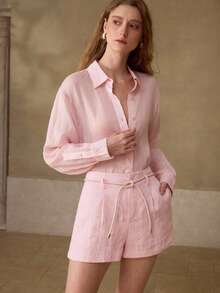 MOTF PREMIUM CAMISA DE LINO 100% PARA MUJER DE MANGA LARGA, CASUAL, PARA CITAS, PARA IR AL TRABAJO, ROSA - Rosa - Ver 5