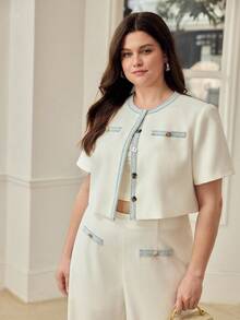 MOTF PREMIUM PLUS SIZE CASUAL CONTRAST TRIM CROPPED JACKET, SPRING/SUMMER - White - View 5