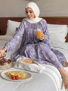 DAZY Vacation Style Floral Print Ruched Tie Neck Lantern Sleeve Loose Women Nightgown - Blue - View 1