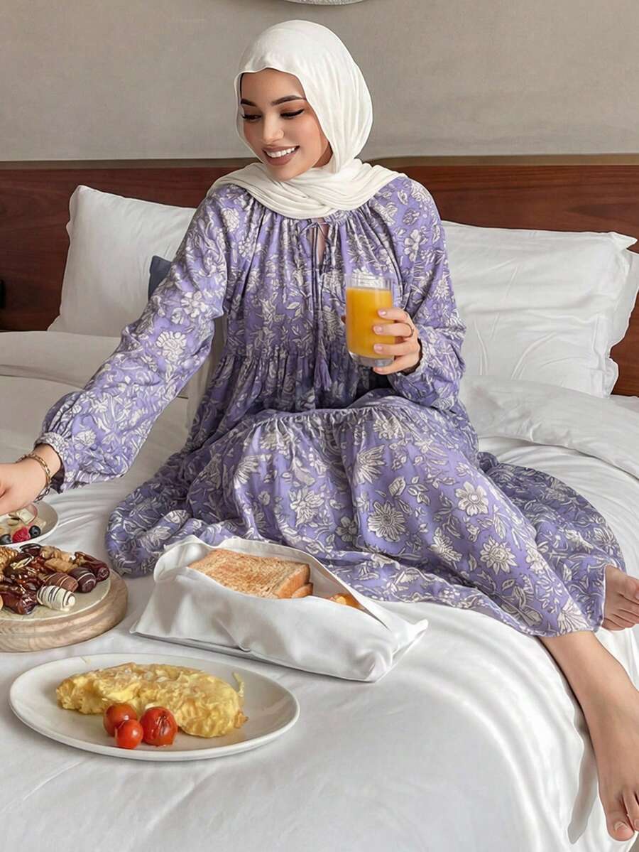 DAZY Vacation Style Floral Print Ruched Tie Neck Lantern Sleeve Loose Women Nightgown - Blue - View 1