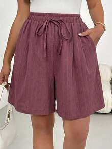 SHEIN Essnce Lila-rote strukturierte Stoffhose/Rock mit elastischem Bund für Damen in Große Größen, Frühling/Sommer Mode, lässig, locker, bequem, vielseitig, figurschmeichlernd, Sommerbekleidung, Damenbekleidung, Urlaubsoutfit, weite Hose, Sommerkurz - Violett - Übersicht 3