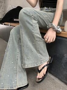 Quần jeans ống loe nữ đa năng, kiểu dáng thường ngày, có túi. - Màu xanh lam - Xem 2