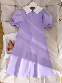 Neues Frühjahrs-/Sommerkleid mit schwarzem Kragen und Kurzarm für große Mädchen, dekoriert mit 5 dimensionalen Blumen auf der Brust, die einen kindlichen Charme und Niedlichkeit verleihen, insgesamt süßer und eleganter Stil, A-Linien Rock Design schafft Dynamik und Lebendigkeit, geeignet für tägliche Ausflüge, Aufführungen, Zusammenkünfte usw. - Mauve - Übersicht 3