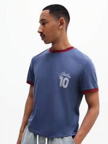 SUMWON Men's Slim Fit Ringer T-Shirt With Crew Neck Short Sleeves And Italia 10 Chest Print Casual Summer Style - Blue - View 6