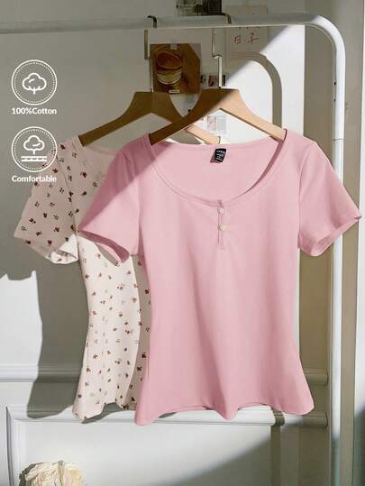 CovetEZ 2pcs Women's Summer Outfits, Suitable For Home, Leisure And Outdoor Wear, Floral Print And Solid Pink Half-Zip Short Sleeve T-Shirt, Comfortable Fabric, Fashionable And Casual, Ideal For Summer