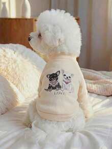 PETSIN 1件猫狗通用衣服，可爱印花小狗套头衫，春季新款舒适两脚套头衫，适合小型犬作为休闲运动服 - 米色 - 查看 2