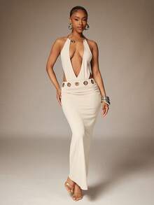 Denimoi O型环镂空深V领露背连衣裙性感度假连衣裙GNO - 白色 - 查看 3