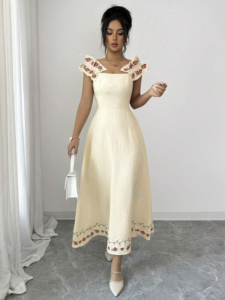 Feyla Vestido de vacaciones con bordado floral romántico para mujer - Albaricoque - Añade 5